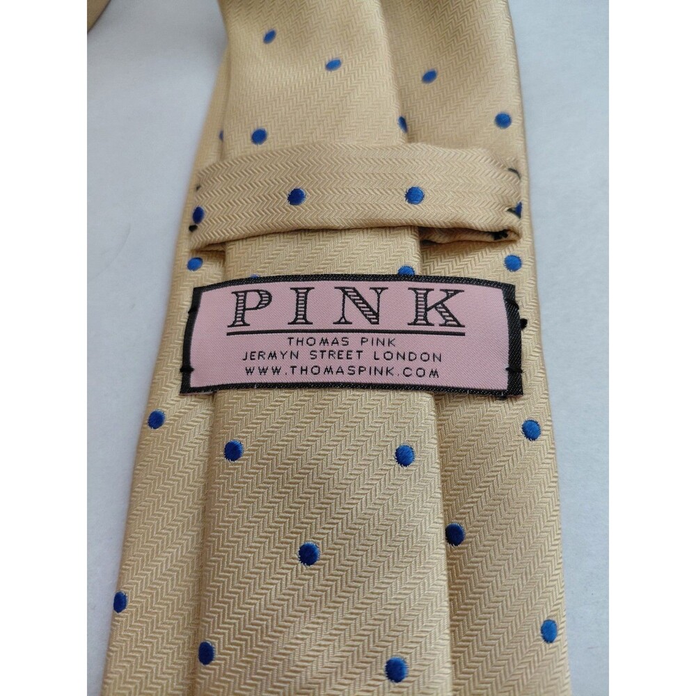 Thomas Pink Yellow Silk Tie Woven in England 3"x58" Blue Dot Pattern - Picture 3 of 7